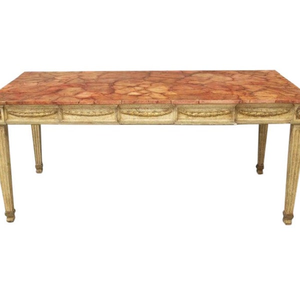 Italian Neoclassical Antique Carved Painted Gilt Wood Dining Table with Faux Verona Rosso Rouge Marble Top