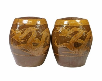 Large Pair of Chinese Glazed Earthenware Covered Martaban Storage Jars with Incised Dragon Fenghuang Bird & Carved Handles