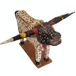 Vintage Guatemalan Hand Carved and Painted Wooden Bull Steer Folk Art Sculpture, Latin America / Central American, Antique Mythical Cow