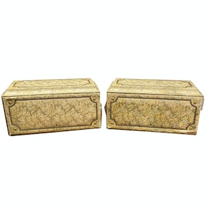 May include: Two rectangular antique boxes with floral patterns. The boxes are a light gold color with dark brown trim and decorative metal accents. The lids and sides are covered in a repeating floral design.