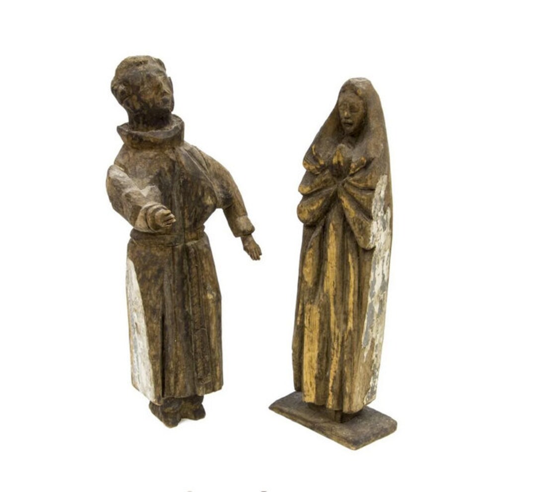 Large Rustic Antique European Stripped Carved Wood Santo