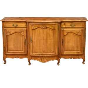 Vintage Country French Louis XV Style Carved Fruitwood Parquetry Breakfront Sideboard Server / Buffet / Credenza / Chest Of Drawers Commode