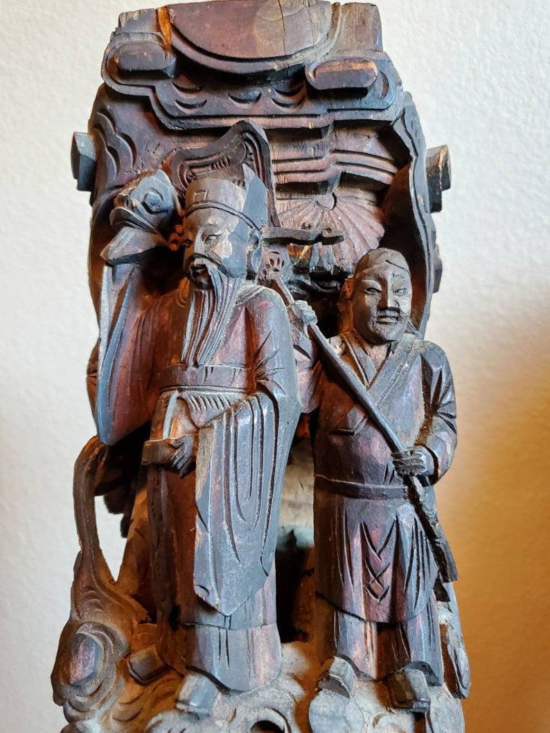 Antique Chinese Temple Relief Carved Wooden Architectural Corbel Bracket Building Element Pair of Statues image 7