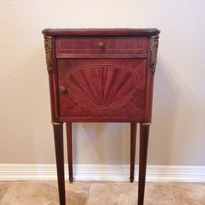 Antique French Louis XVI Style Parquetry Sunburst Inlaid Bedside Cabinet 19th / 20th Century nightstand end table lamp stand image 2