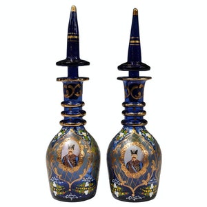 Antique Bohemian Moser Persian Market Enameled Gilt Light Cobalt Blue Glass Decanter Bottle Pair 19th Century