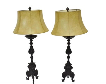 Large Antique French Baroque Ebonized Altar Pricket Candlestick Table Lamps