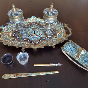 19th Century French Enameled Champleve Gilt-Bronze Inkstand Tray Desk Set Double Inkwell, Dip Pen, Rocker Blotter image 4