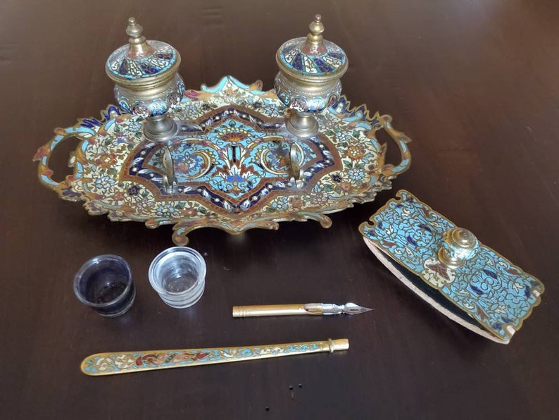 19th Century French Enameled Champleve Gilt-Bronze Inkstand Tray Desk Set Double Inkwell, Dip Pen, Rocker Blotter image 4