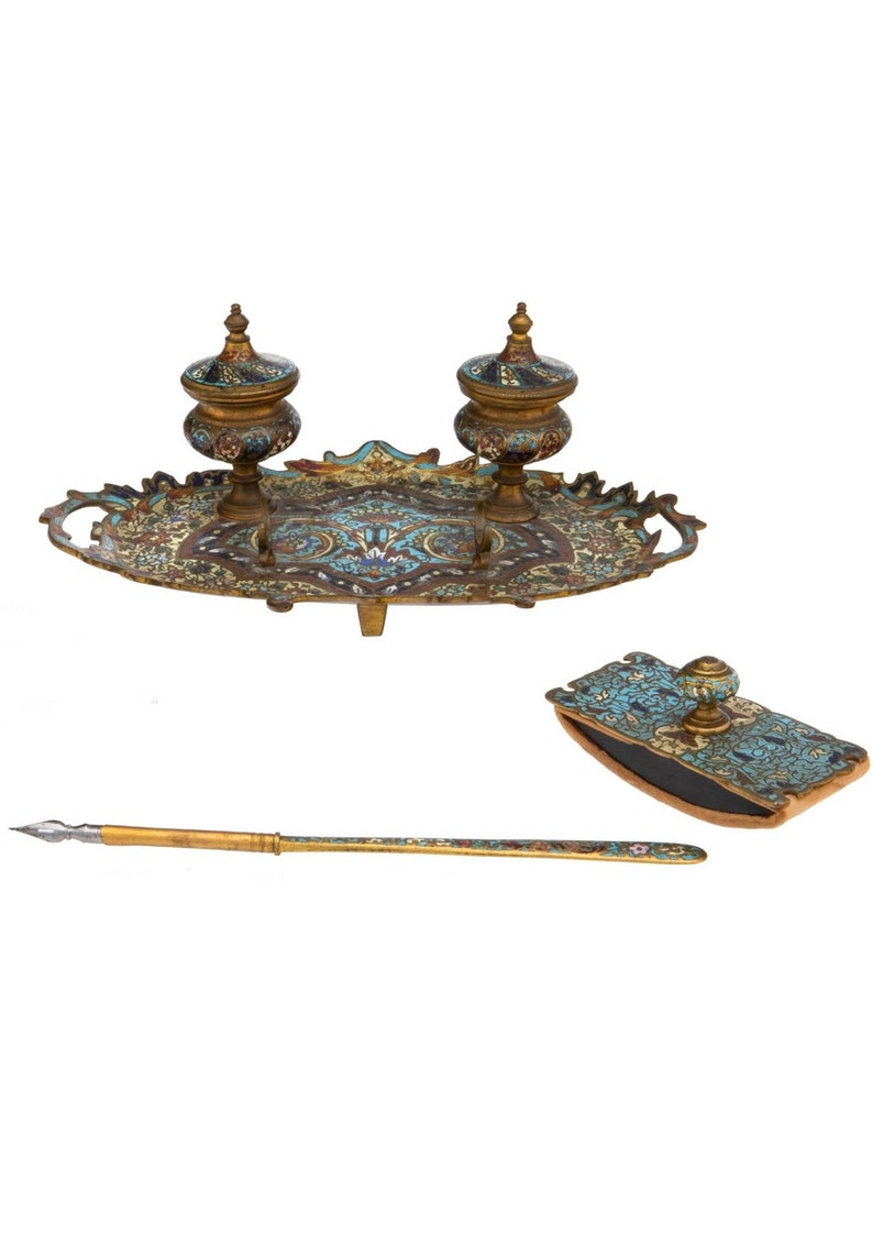 19th Century French Enameled Champleve Gilt-Bronze Inkstand Tray Desk Set Double Inkwell, Dip Pen, Rocker Blotter image 1