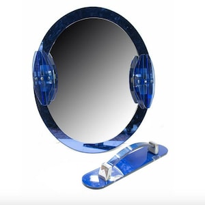 Mid-Century Italian Modern Lupi Cristal-Luxor Blue Glass Vanity Set, Wall Mirror with Sconces, Shelf, Towel Bar Rack - Vintage Antonio Lupi