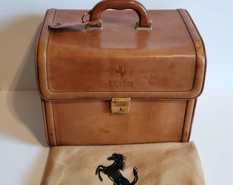 Rare Vintage Ferrari 208 Turbo Schedoni Italian Brown Leather Travel Bag / Vanity Case Luggage - Early 1980s - Handcrafted in Modena, Italy