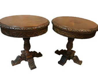 Magnificent Pair of Renaissance Revival Victorian Carved Oak Pedestal Side Tables or Occasional Tables from the late 19th Century