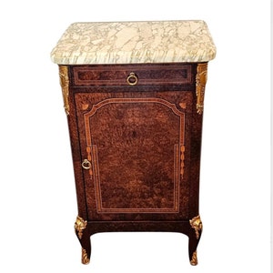 Antique French Transitional Louis XV XVI Style Amboyna Burlwood Gilt Bronze Mounted Marble Top Bedside Cabinet Nightstand image 1