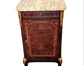 Antique French Transitional Louis XV XVI Style Amboyna Burlwood Gilt Bronze Mounted Marble Top Bedside Cabinet Nightstand