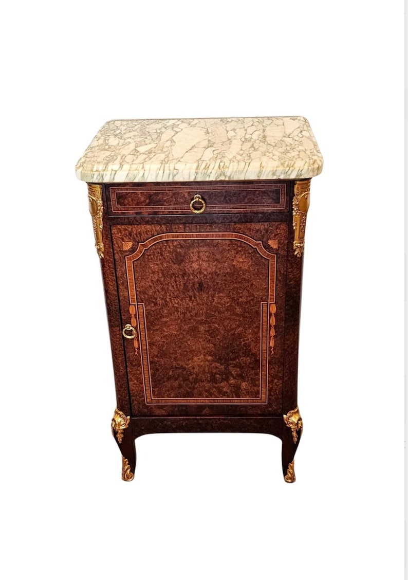 Antique French Transitional Louis XV XVI Style Amboyna Burlwood Gilt Bronze Mounted Marble Top Bedside Cabinet Nightstand image 1