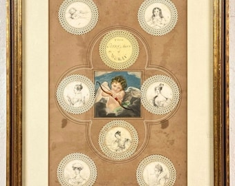 Antique English Watercolor & Ink Portraits Cherub Penwork Scrapbook Mount Framed Wall Hanging Early 19th Century