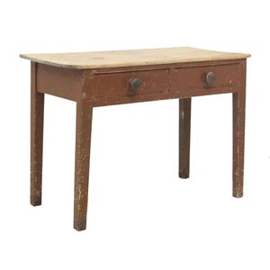 Rustic Antique Red-Wash Paint & Scrubbed Pine Country Farmhouse Work Table Console 19th Century