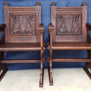 Antique American Renaissance Revival Carved Oak Armchair / Chair a Pair image 4