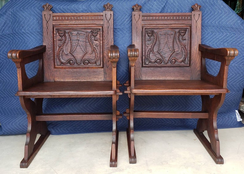 Antique American Renaissance Revival Carved Oak Armchair / Chair a Pair image 4