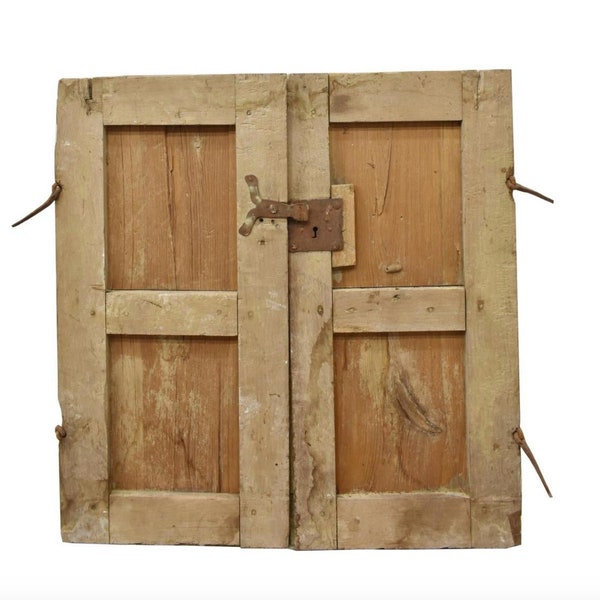 Rustic Pair of 19th Century Primitive Mexican Mesquite & Pine Wooden Antique Windows w/ Joinery, Hand Forged Iron - Architectural Salvage