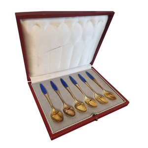 Vintage Cased Set of Mid-Century Danish Modern Blue Enameled Gilt Sterling Silver Demitasse Coffee or Tea Small Spoons