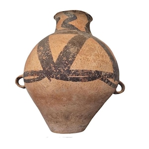 May include: A brown clay pot with two handles and a geometric black design. The pot is a traditional style and has a rounded body and a narrow neck.