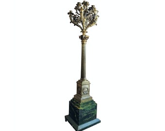 Large Early 19th Century French Empire Period Gilt Bronze Floor Candelabrum - Corinthian Column Faux Marble Painted Wood Base - Neoclassical