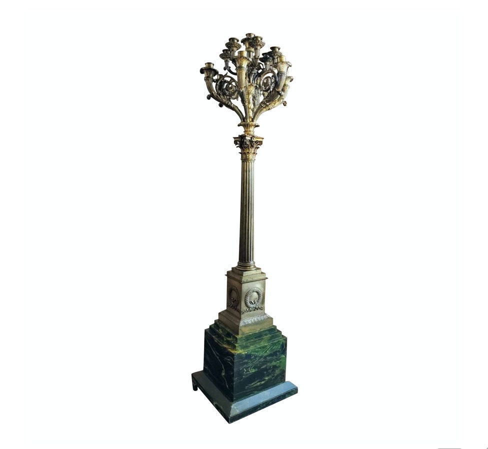 Large Early 19Th Century French Empire Period Gilt Bronze Floor Candelabrum - Corinthian Column Faux Marble Painted Wood Base Neoclassical