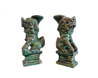 Qing Dynasty Antique Chinese Green Glazed Pottery Foo Dog Imperial Lion Sculpture Joss Stick Incense Holder Figure Pair