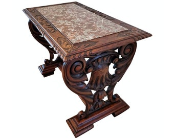 19th Century Renaissance Revival Carved Oak Marble Top Table