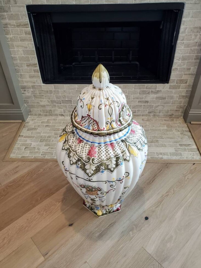 Monumental Italian Porcelain Hand Painted Fiori Urn Floor Vase, Signed, D.P. Italy, Artist M Dalla Costa image 3