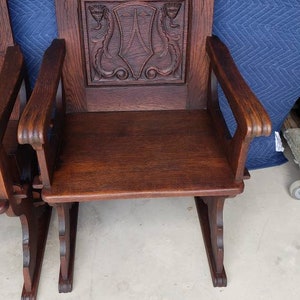 Antique American Renaissance Revival Carved Oak Armchair / Chair a Pair image 6