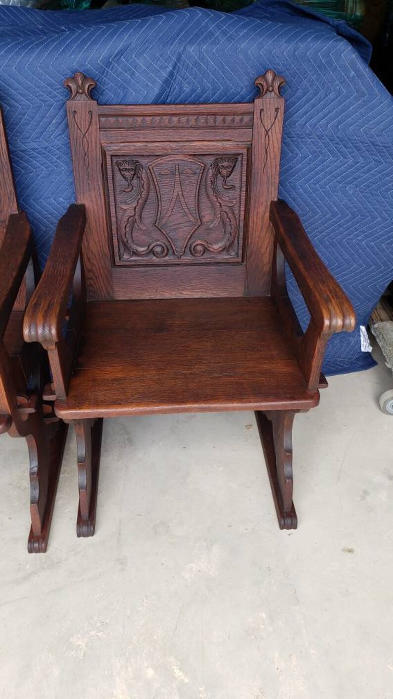 Antique American Renaissance Revival Carved Oak Armchair / Chair a Pair image 6