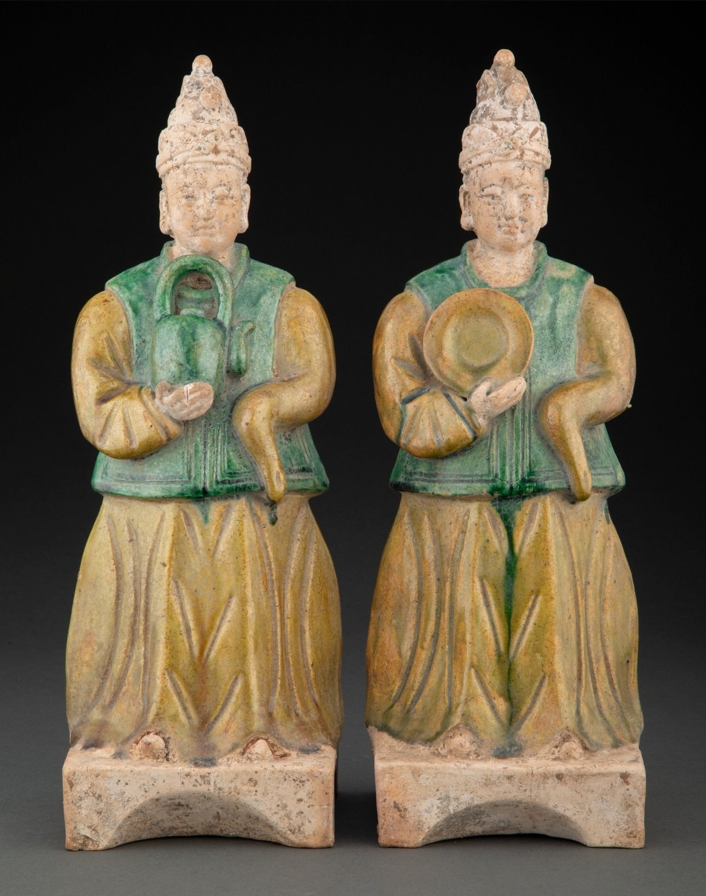 Large 15th/16th Century Chinese Ming Dynasty Polychrome Ceramic Attendants Antique Tomb Figure Pair