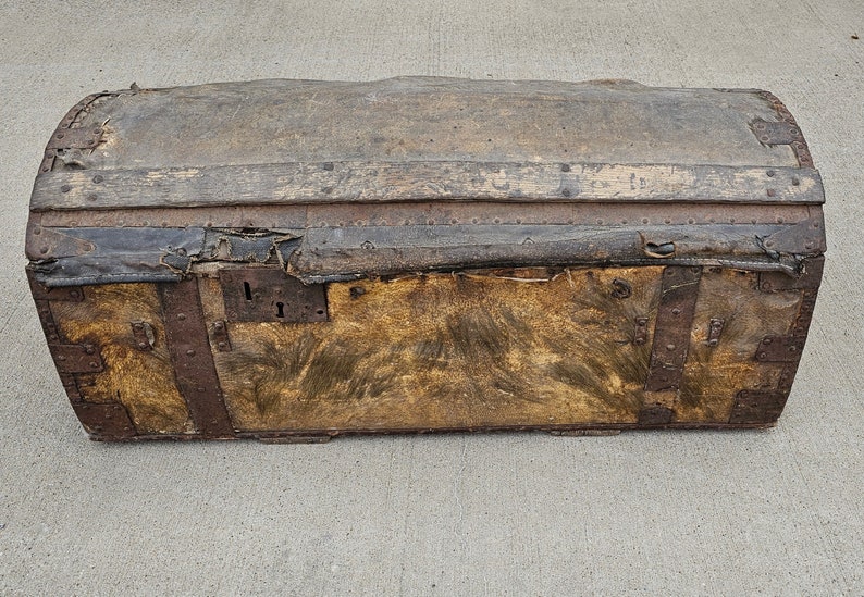 18th Century French Parisian La Forest Wood & Hide Dome-Top Travel Horse Carriage Trunk Antique Storage Blanket Chest image 4