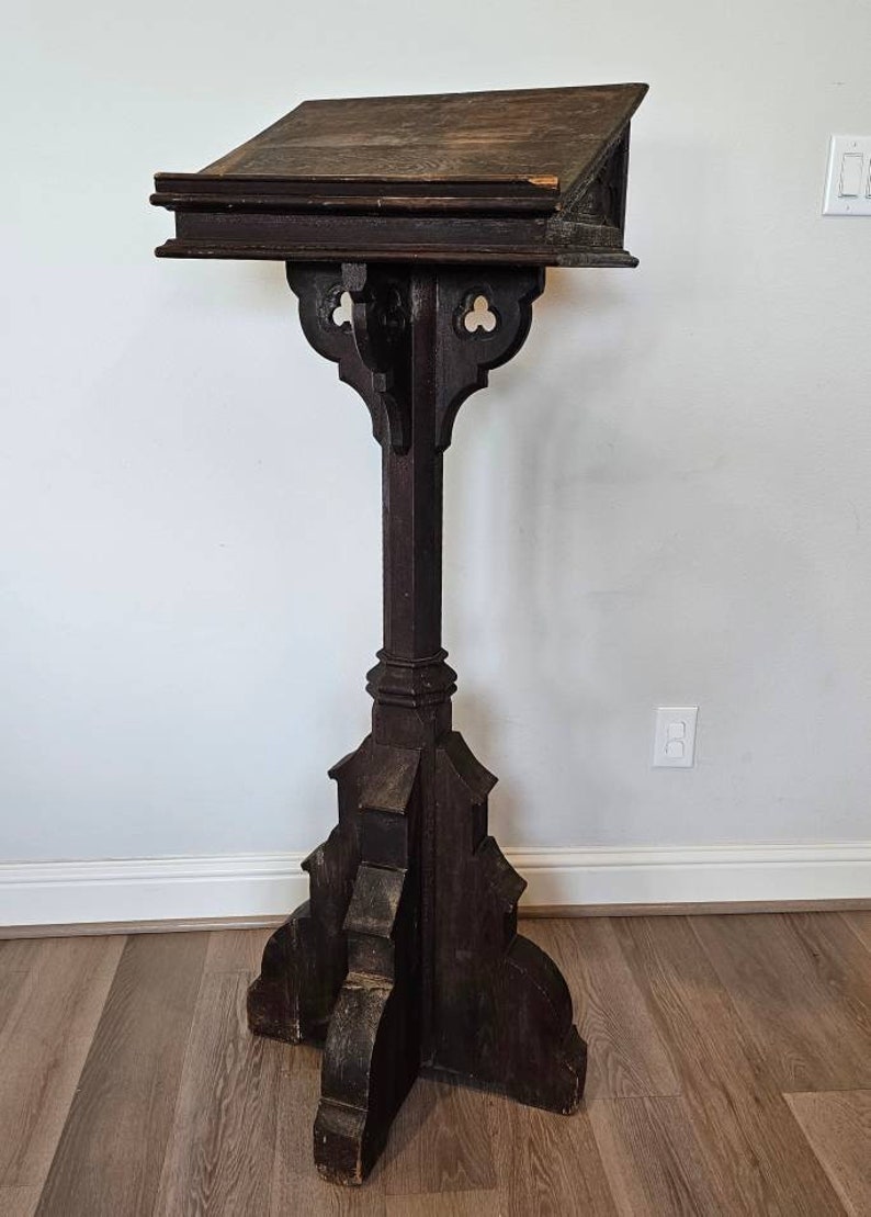 Large Antique Gothic Revival Carved Oak Religious Church Altar Synagogue Lectern Book Stand Podium image 3