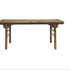 May include: A rustic wooden table with a rectangular top and four legs. The table is made of dark brown wood with a natural finish. The legs are simple and straight, and the table has a simple, elegant design.