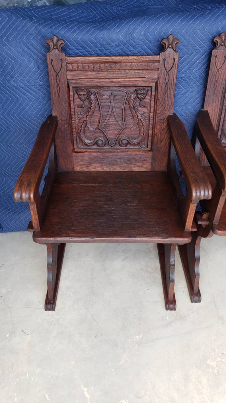 Antique American Renaissance Revival Carved Oak Armchair / Chair a Pair image 5