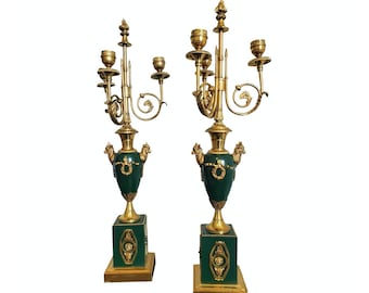 Early 19th Century French Empire Period Neoclassical Gilt Bronze Goat Head Urn Candelabra Pair - Three Candlestick Holder