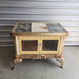 Antique American Early Kitchen Stove Wood Oven now Console Table w/ Glass-Door Storage Cabinet Kitchen Island , Enameled Cast Iron Metal image 2
