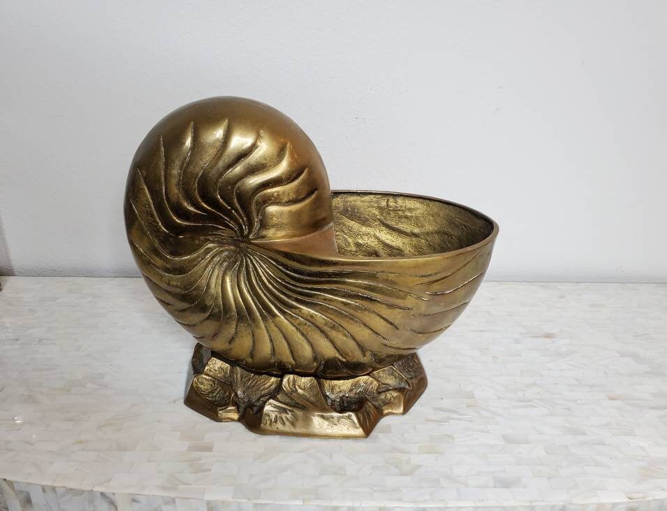 Large Vintage Modernist Brass Nautilus Sea Shell Sculpture, Vase
