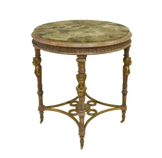Fine Vintage French Center Table After Adam Weisweiler, Gilt Bronze Bust Mounted Faux Malachite Penshell Inlay Carved Walnut