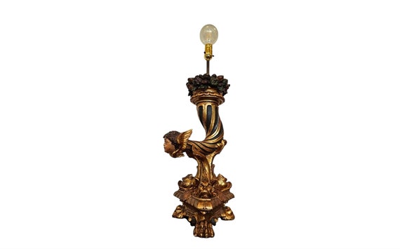 One of a kind Antique French Empire Period Carved Polychrome Gilded Wood Figural Cornucopia Candlestick Table Lamp Early 19th Century