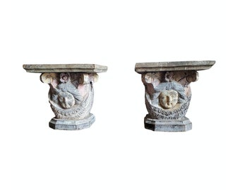Magnificent Antique Carved & Painted Architectural Column Capital End Table Pair Early 19th Century