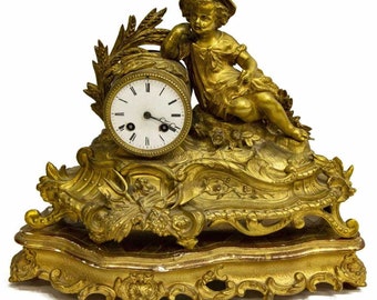 Stunning 19th C. French Antique Gilt Figural Mantle Clock on Giltwood Stand - Vincenti et Cie 1834