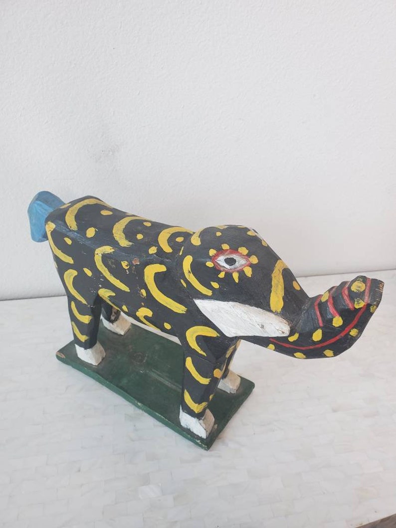 Vintage Guatemalan Hand Carved & Painted Wooden Mythical Elephant Folk Art Sculpture, Latin America / Central American / Mexican image 2