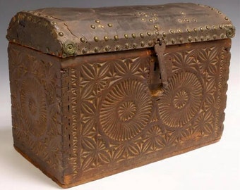 18th Century Spanish Colonial Carved & Leather Dome-top Travel Trunk Chest