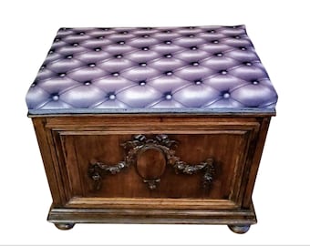 19th Century French Oak Coffer Trunk now fashioned as a Bench - Faux Print  Seat Storage Chest