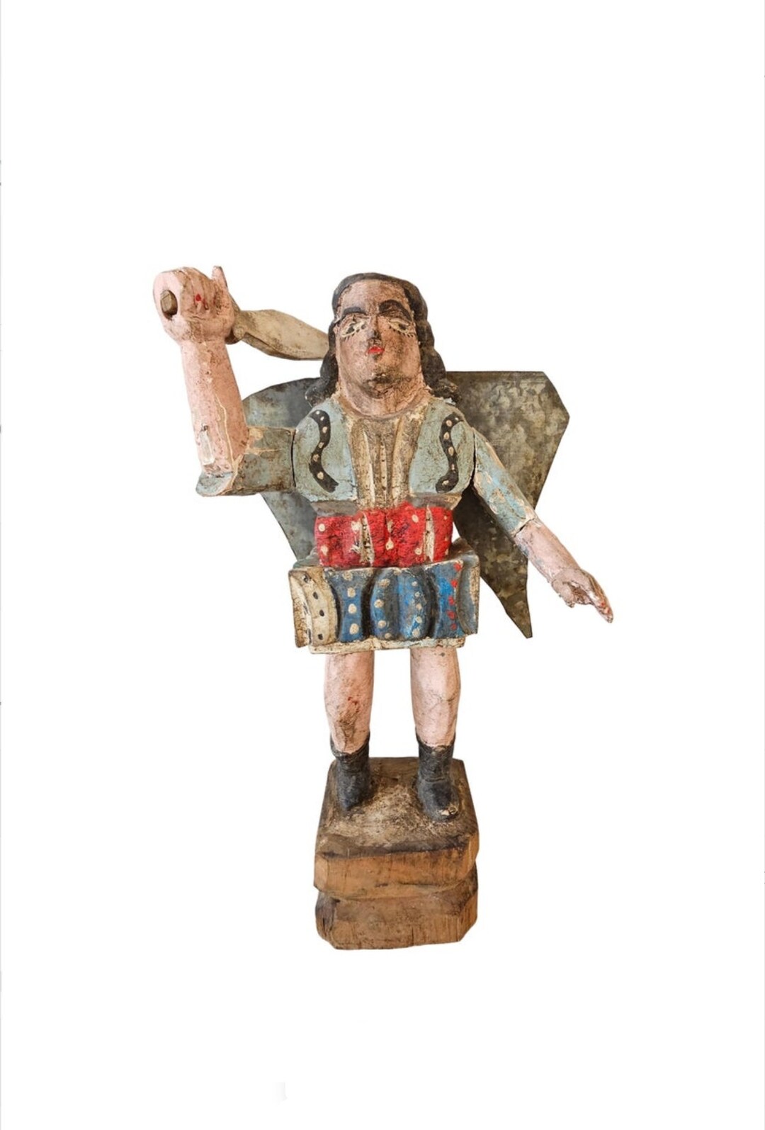 Vintage Mexican Religious Folk Art Bulto Spanish Colonial Style Polychrome Painted Wood Santo