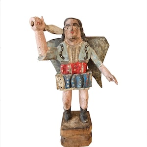Vintage Mexican Religious Folk Art Bulto Spanish Colonial Style Polychrome Painted Wood Santo Figure Carving - Saint Michael Archangel